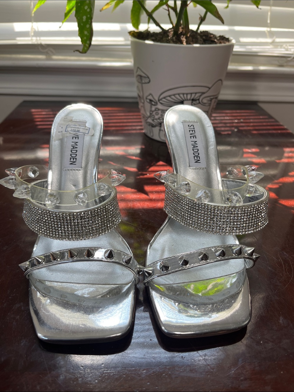 Steve Madden Silver Rhinestone & Stud Slide Heels 6M